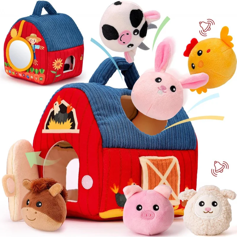 

Baby Toys 6-12 Months Surprise Barn Stuffed Farm Animals Rattle Crinkle Mirror Montessori Sensory Balls Plush Toys for Infant Gi