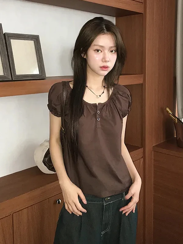 

Korean Style Short Sleeve Shirt Women's Summer Fashion Slimming Top Versatile Cotton round Neck Short Length Shirt