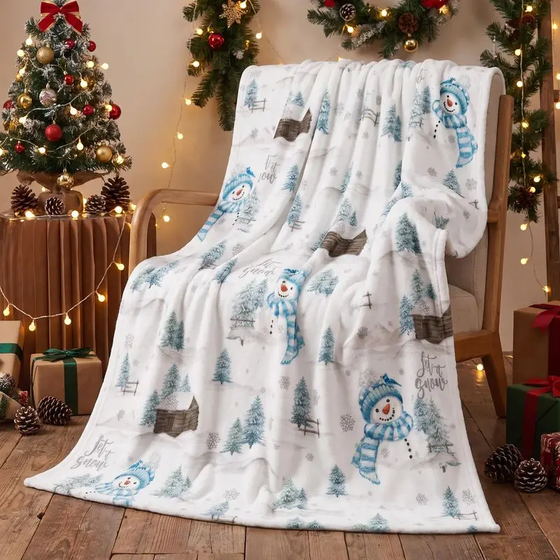 VIKAMA Snowman Throw Blanket Blue Winter Forest Let It Snow Cabin Print Couch Cover Cozy Merry Christmas Home Decor Bed Sofa