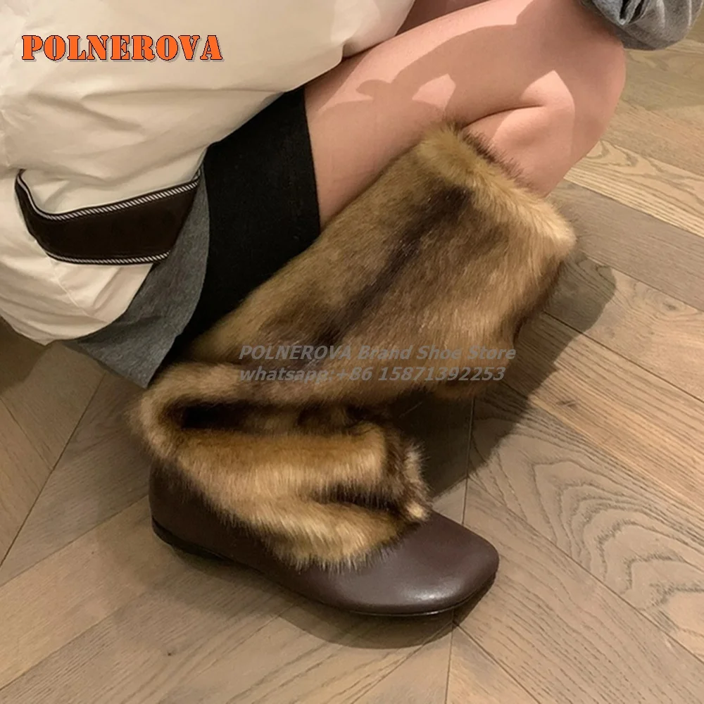 

Furry Fur Brown Warm Snow Modern Boots Square Toe Flat with Pull On Women Knee High Boot Spicy Girl Retro Sexy Shoes 2024 Winter