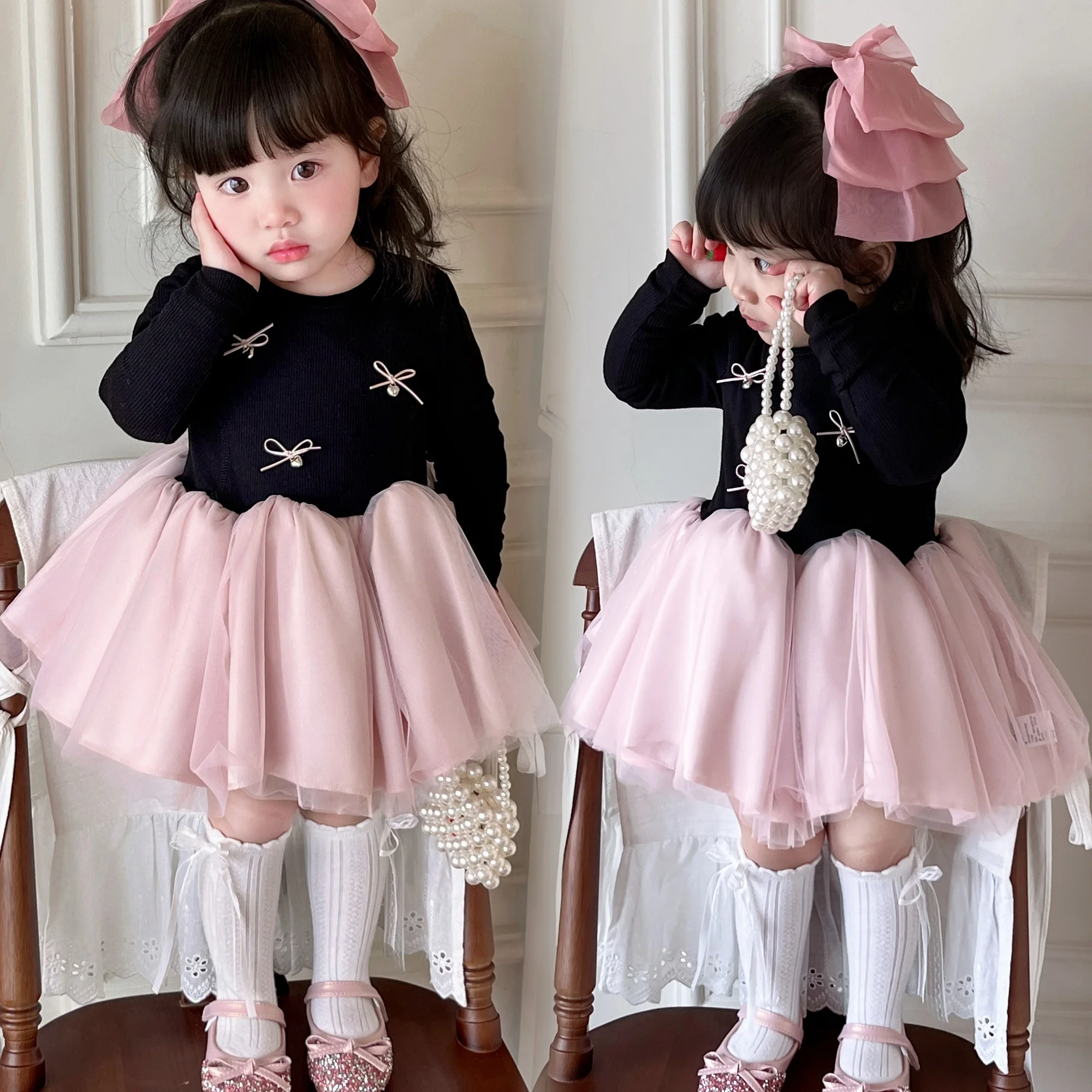 Princess Style Birthday Girl's Dress Cute Splice Mesh Skirt Spring New Fashion Children's Clothing 50% Cotton 50% Polyester