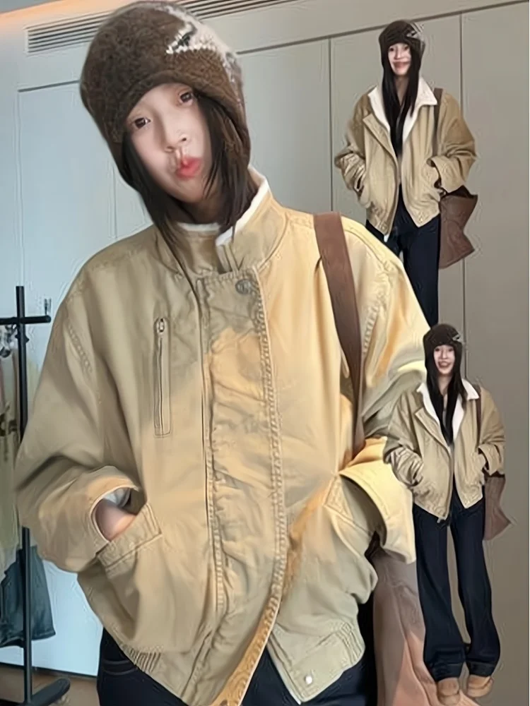 

American Sle Bomber ort Thiened Fce Lined Stand Collar Jaet Cotton Coat for Men And Women Autumn Winter Workwear