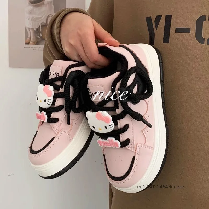 Hello Kitty Cute Cartoon Pink Bread Shoes Women's Thick Soled Autumn New Versatile Board Shoes Niche Casual Sweet Girl Sneakers