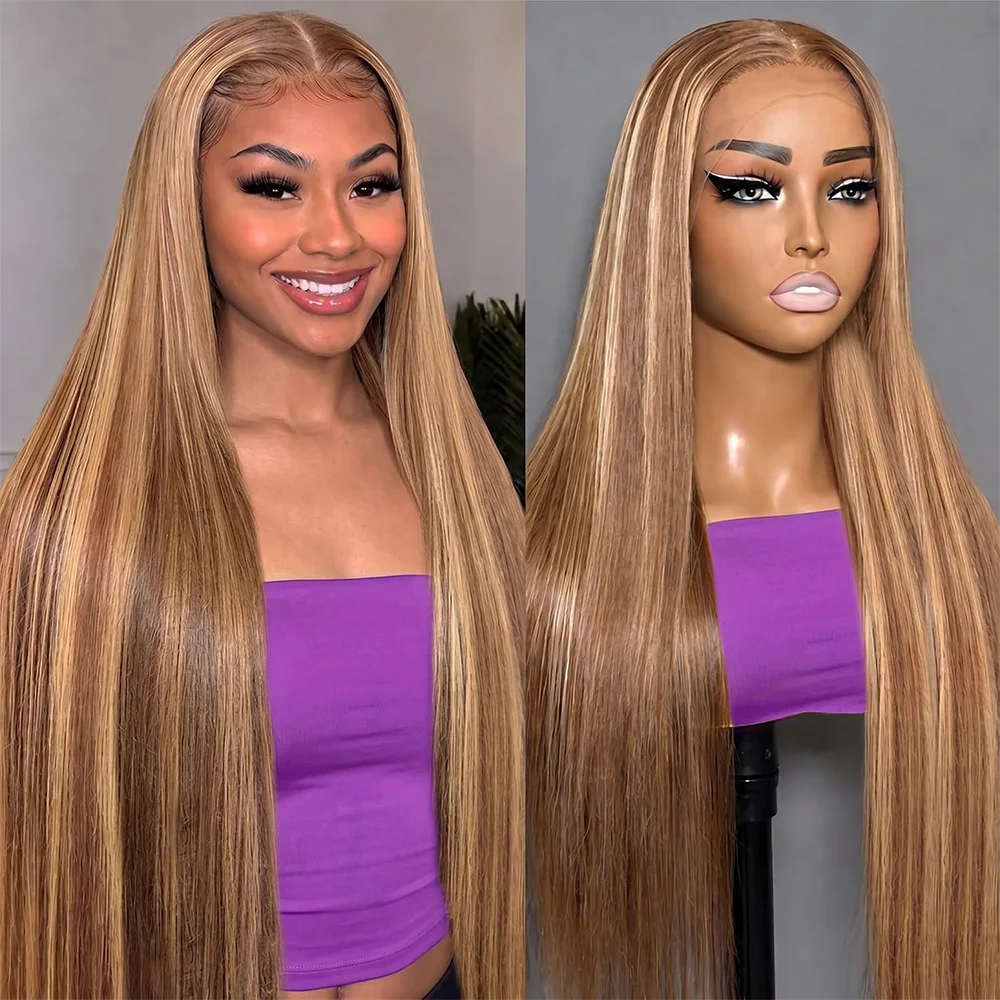 P4/27 Highlight Bone Straight 13x4 Lace Front Human Hair Wig 200 Density 13x6 HD Transparent Lace Frontal Ombre Colored Wigs For Women Pre Plucked
