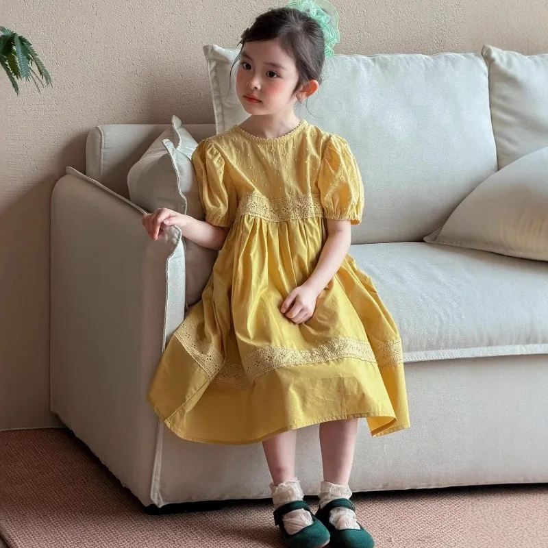 Korean Children's Clothing 2026 Summer New Girls' Stylish Bubble Sleeves Princess Skirt Lace Patchwork Forest Style Dress