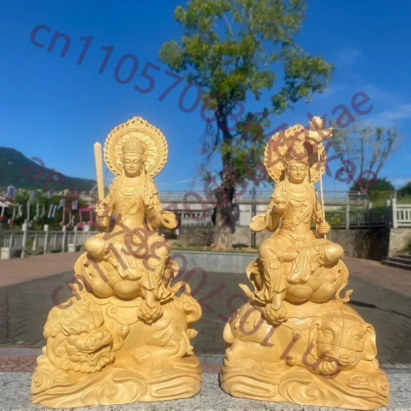 Hand-Carved Hinoki Manjushri & Samantabhadra Bodhisattva Statue - 9.8