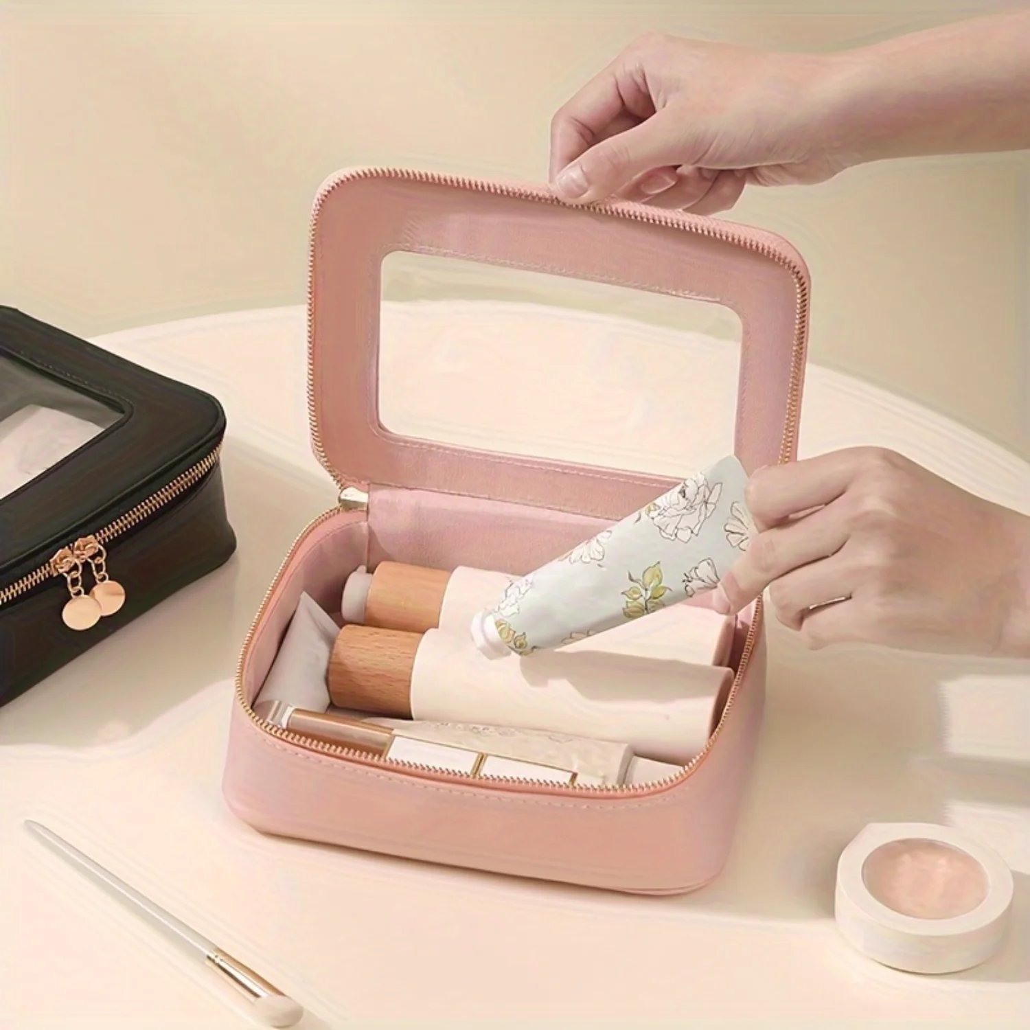 Lightweight Makeup Zipper Handbag With Clear Window, Versatile Toiletry Wash Bag