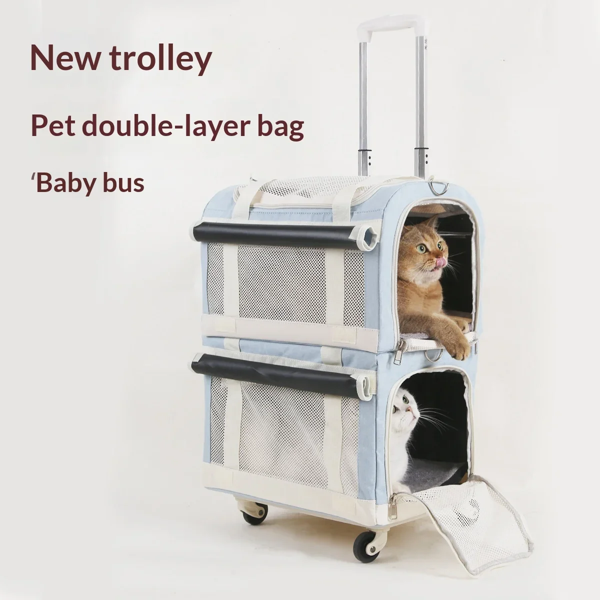 

New 2-in-1 Rolling Pet Carrier & Stroller for Cats Dogs, Large Space Breathable Cat Crate Suitcase, Double-Layer Travel Backpack