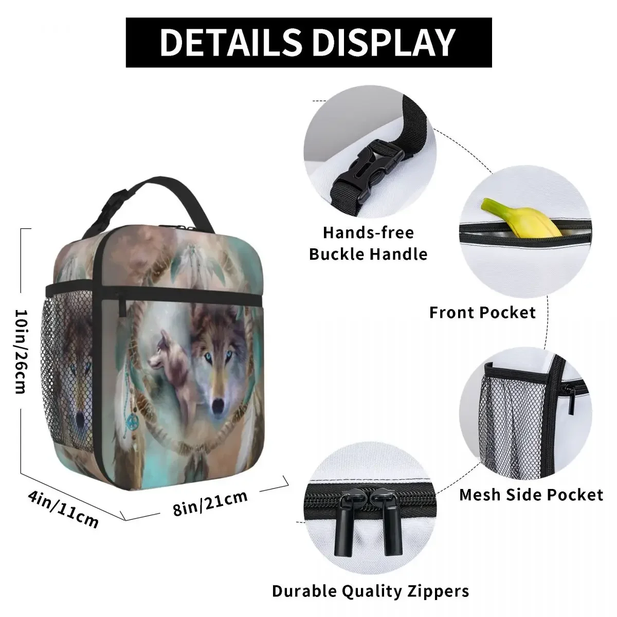 Hot Sale Wolf - Dreams Of Peace Animal Face Camping Lunch Bag School Break Time Insulated Tote