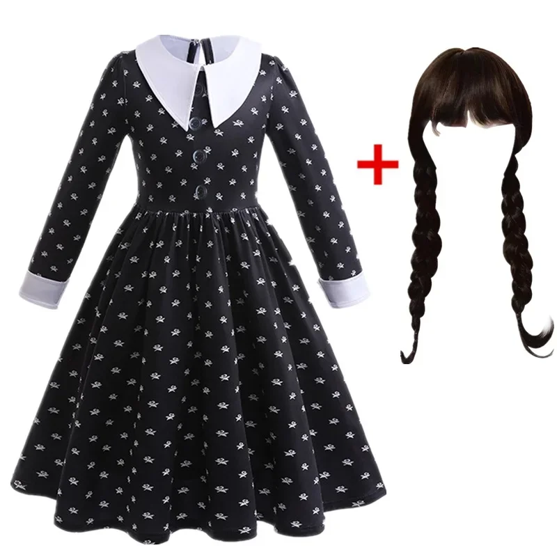 Halloween Wednesday Addam Girl Costume for Kids Girls Fancy Carnival Party Tulle Dress Black Gothic Outfits Children Clothing