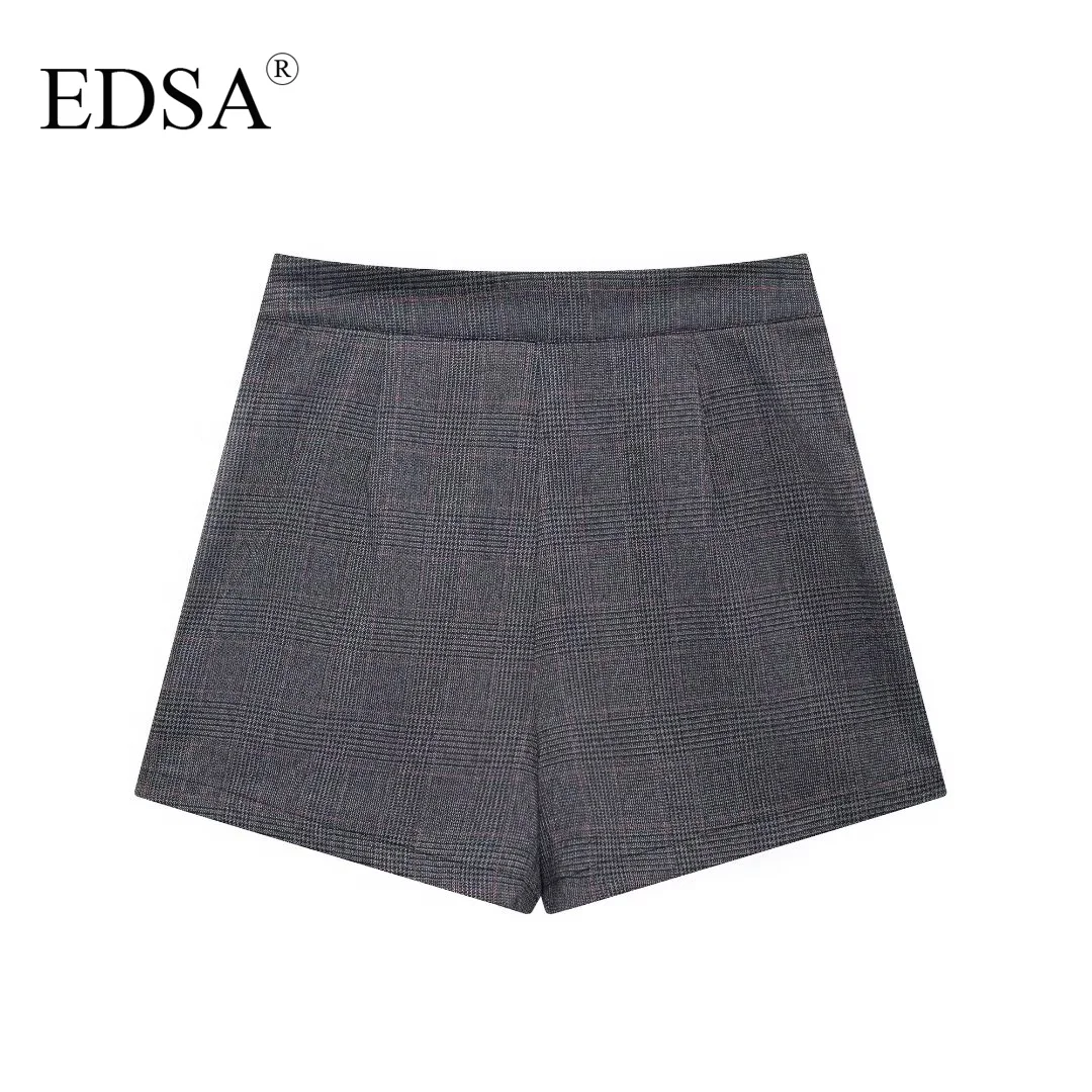 EDSA Women Grey Plaid Shorts Set 2 Pcs Sleeveless V-Neck Single Breasted Vest & Shorts Skirt for Female Streetwear