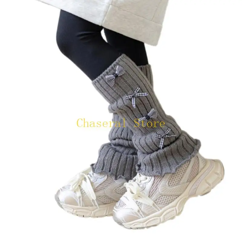 

E7CE Fashionable Sweet Sock Sleeves Knee Length Leg Warmers with Bowknot Decors Kids Long Tube Socks for School Activity