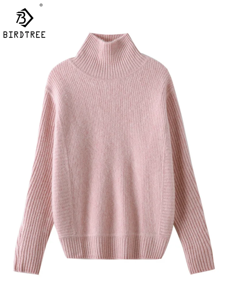 

Birdtree 100% Cashmere Elegant Sweaters Loose Women's Turtleneck Solid Thickened Basic Sweater Fall Winter Top Knitwear T38087QM