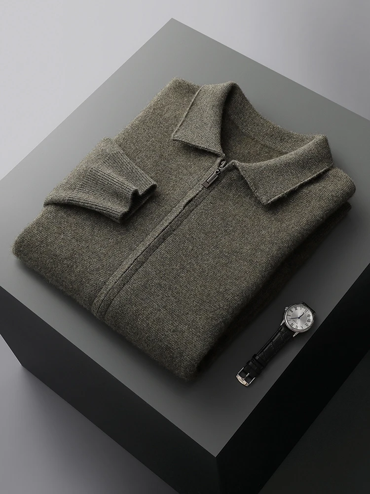 High-end Men's Cardigan 100% Merino Wool Knitted Zipper Jacket Autumn and Winter Thickened Long Sleeve Men's Sweater Lapel Shirt