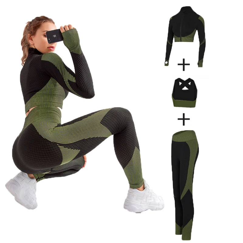 Set da 3 pezzi Set sportivo senza cuciture donna Running abbigliamento da palestra tuta abbigliamento sportivo Crop Top Yoga Pant