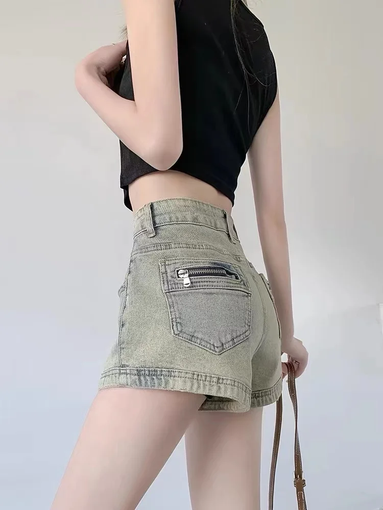 Pantalones cortos vaqueros de verano para mujer, ajustados con cremallera, Retro, corte en A, lavados, estilo americano, chicas calientes, ropa de calle que combina con todo, elegante Ins 2025