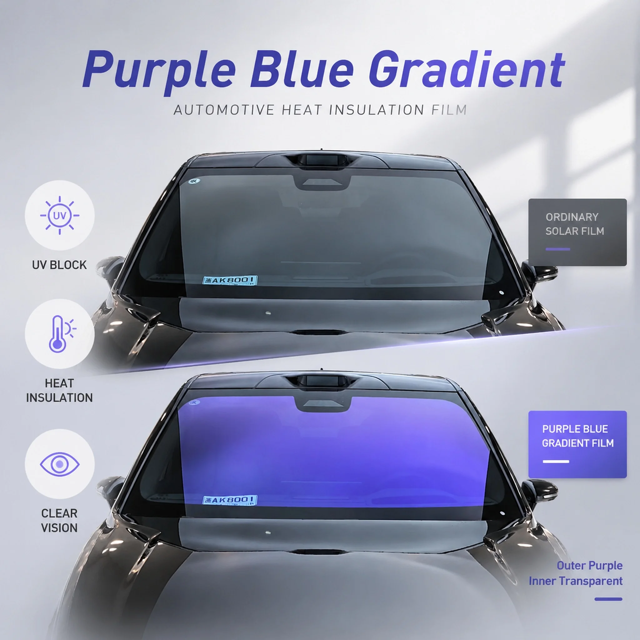 High-Definition Purple Chameleon Full Car Front and Rear Windshield Color-Changing Car Window Film 30/50/76/ 100m Full Roll 1m/1.52m Wide 80% High Transparency High-Definition Purple