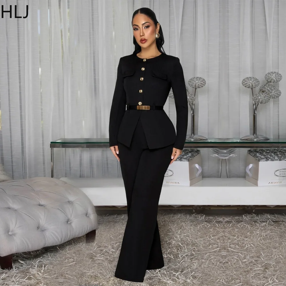 HLJ エレガントな女性用ツーピースセット、無地長袖シングルブレストクロップトップとパンツのマッチング、女性用ストリートウェア服