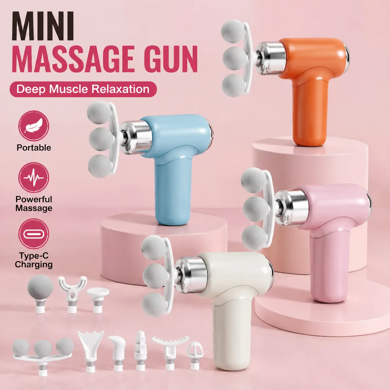 Mini Massage Gun Portable Deep Tissue Muscle Massager with Multiple Heads Type-C Charging for Sports Recovery Relaxation