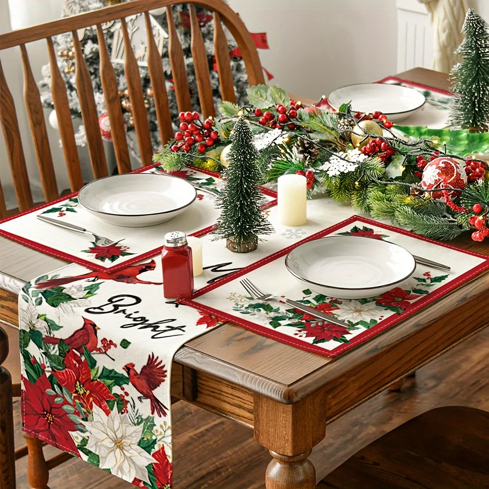 VIKAMA Christmas Floral Placemats Poinsettia Red Bird Linen Table Mats Non-Slip Wipe Clean for Xmas Party Decor