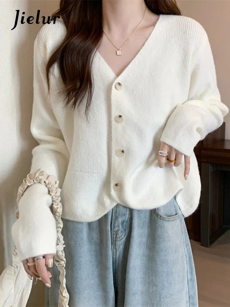 

Autumn New Solid Casual Cardigan Woman Sweet Ladies Slim Knitted Cardigan Female Apricot White Black Coffee Korean Top