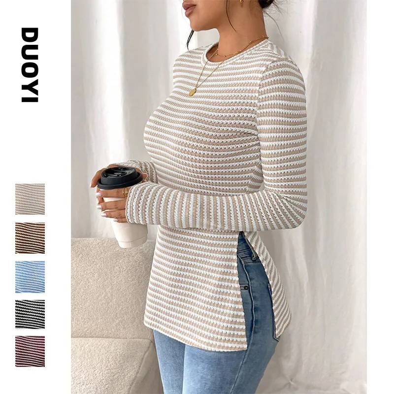 

2025 Autumn New Round Neck Slit Long Sleeve Versatile Casual Ladies Bottoming Shirt T-shirt Top Women Clothes