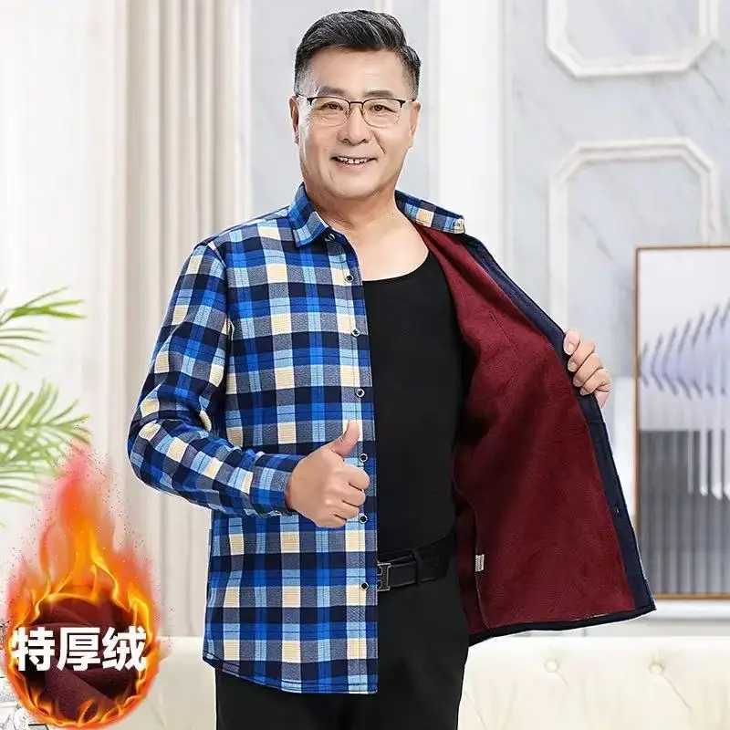 Men's Long Sleeved Shirt With Fleece Lined Winter Thickened Flannel Casual Plaid Stripe Daily Slim Man Clothes Plus Size 8XL 7XL