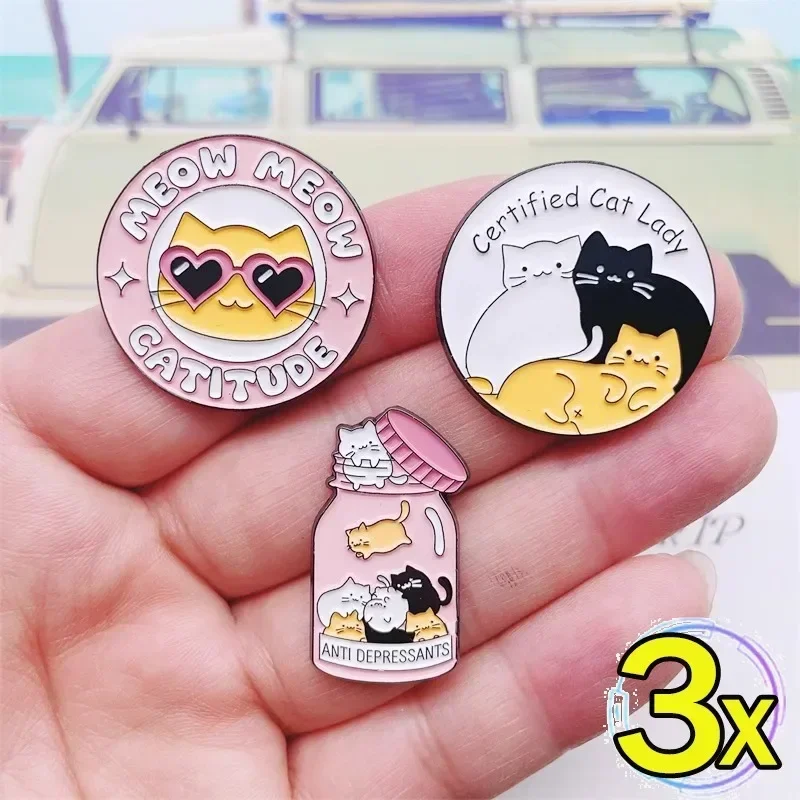 1/3Pcs Jar Anti Depressants Cats Badge Women Girl Cute Creative Metal Brooch Enamel Exquisite Casual Brooch Fashion Jewelry Gift