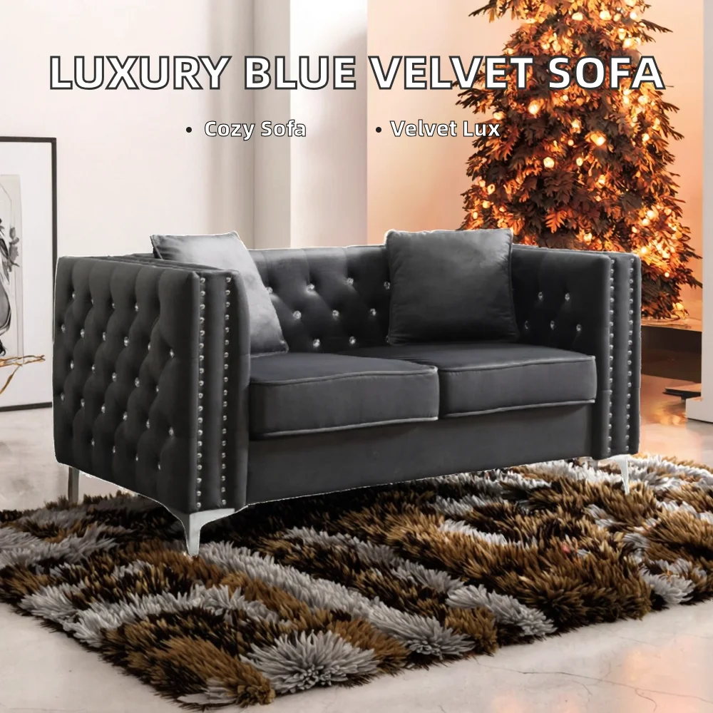 h*-Factory Custom Reclining Sectional Modern Luxury Velvet Sofa Set Button Tufting Blue for Apartment Living Room High Quality