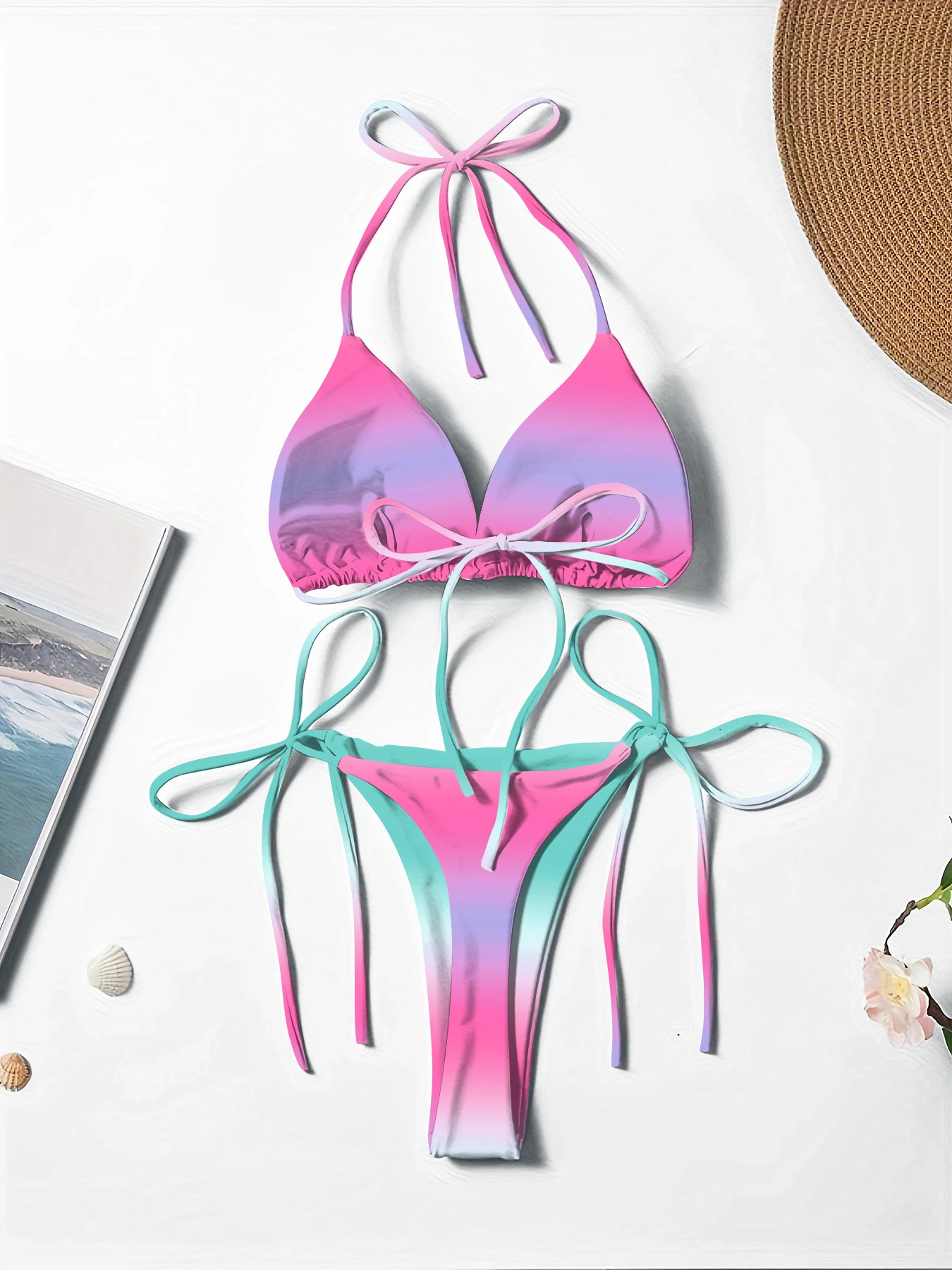 Women Swimsuit Sexy Bikini Gradient Swimwear Feminine Bikinis Set Adjustable Beachwear Female Trikini Halter Dropshipping