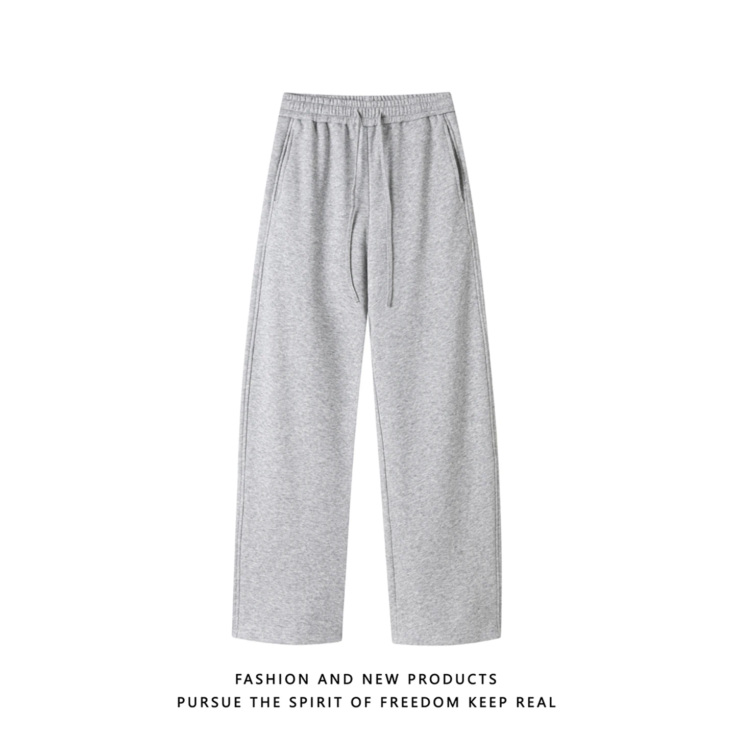 

Grey Casual Straight Leg Trousers with Elastic Waist Loose Fit Men's Drawstring Sports Long Pants American Trendy Brand