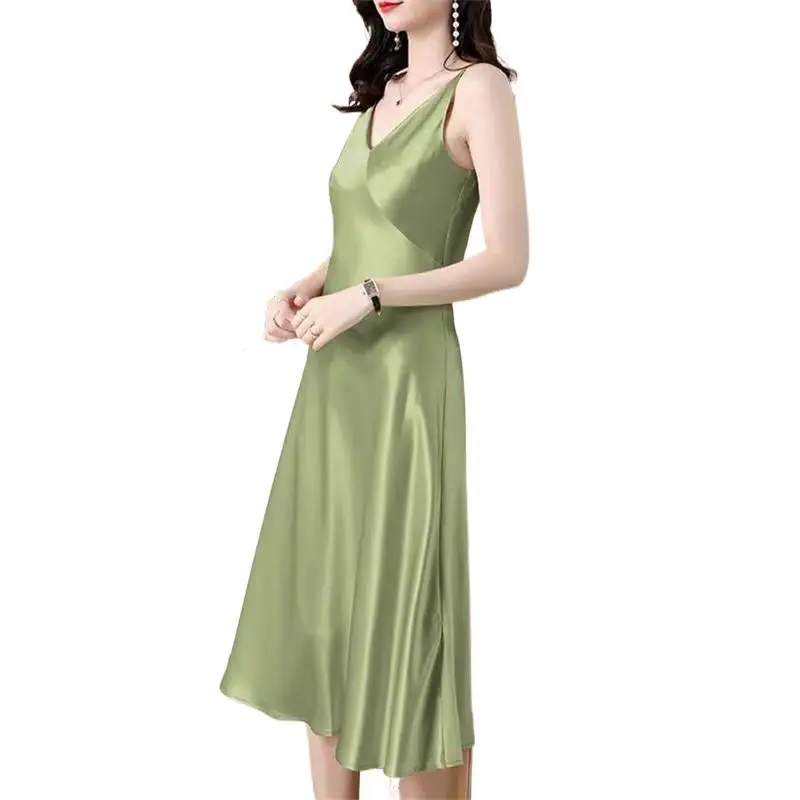 

New Spring basic wild V-neck Long artificial silk Dress Female Summer Sexy Acetate satin party Dress bohemia dress Vestidos