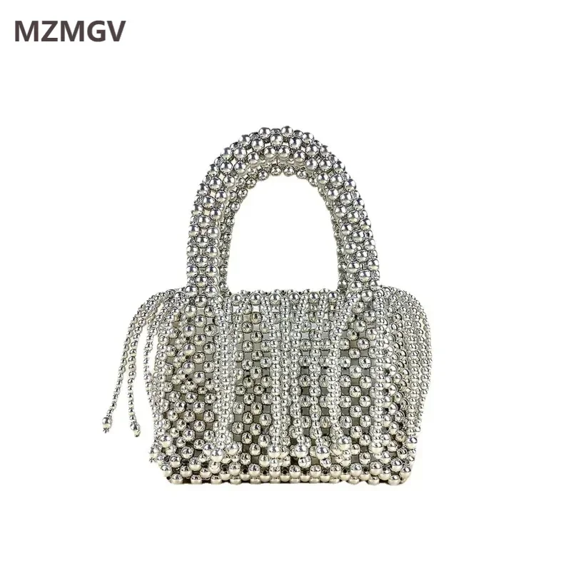 

Meet You Trend Tassel Handwoven Handbag Metal Silver Acrylic Beaded Small Square Bag Female Fashion Party Wedding Evening Bag