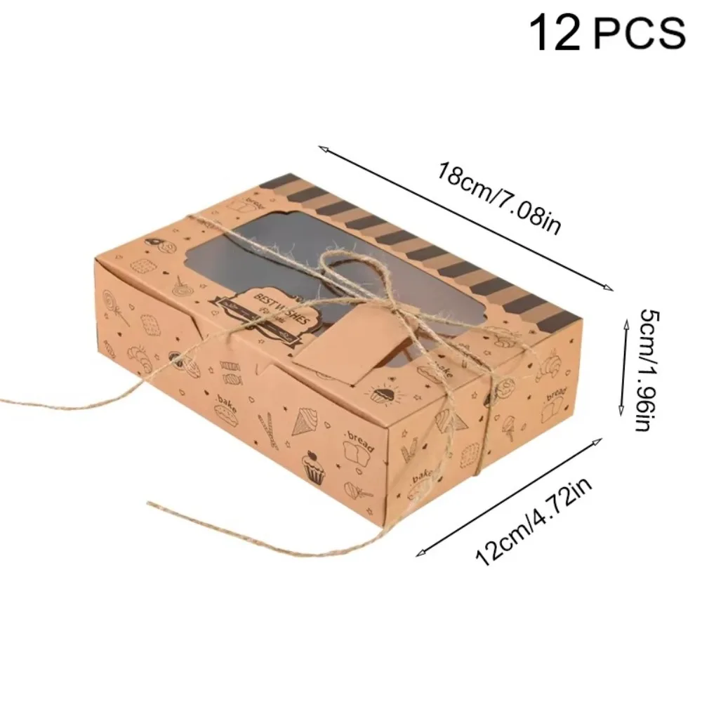 12pcs Kraft Paper Dessert Cake Bakery Box Transparent Window with Rolls Rope and Stickers Pastry Treat Boxes