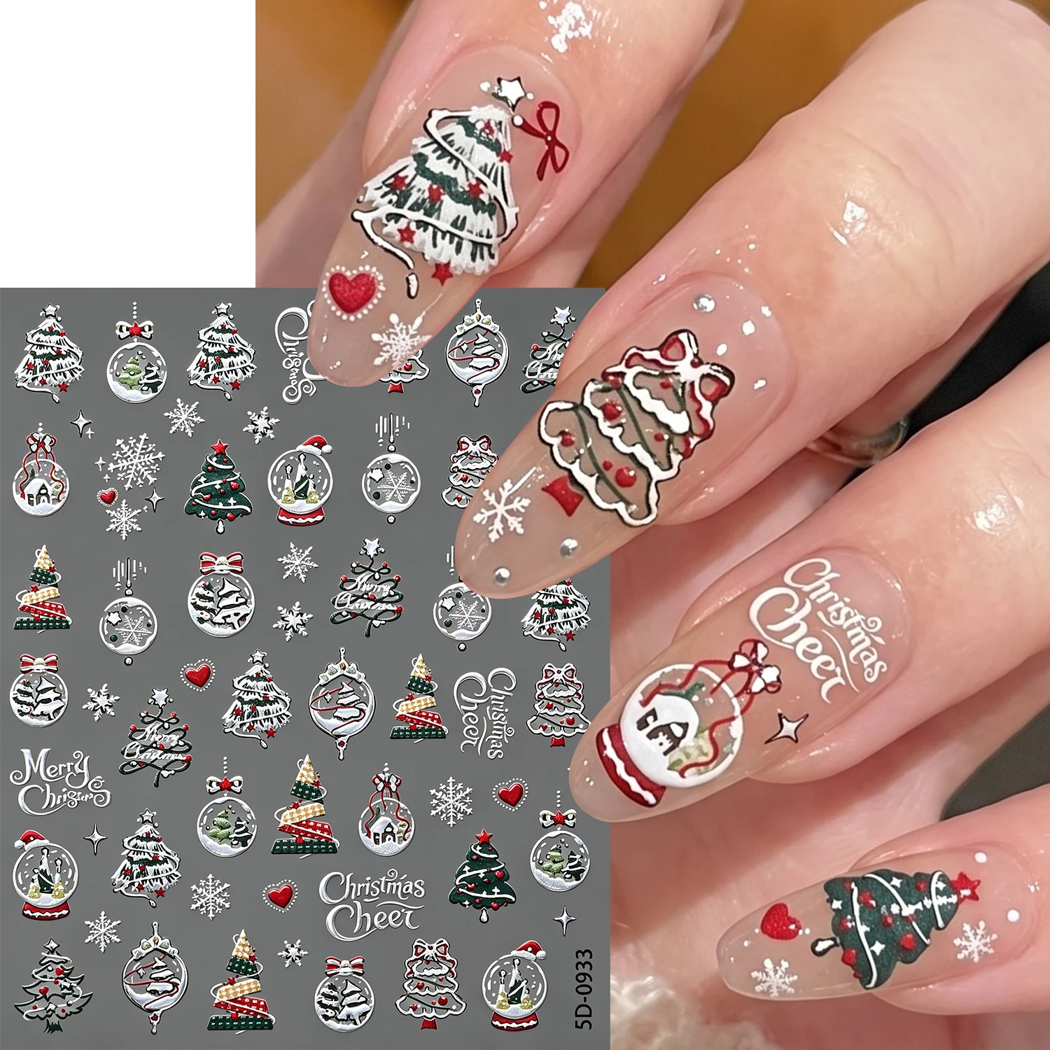 Christmas Nail Art Stickers 5D Embossed Shiny Silver White Snowflake Christmas Tree Xmas Snow Globe Self-Adhesive Nail Decoratio