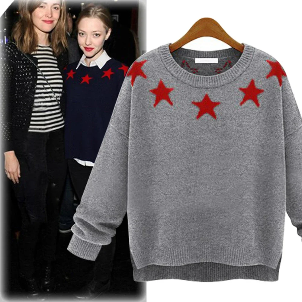 Spring Women's Blouse Color Contrast Stars Round Neck Pullover Loose Long-sleeved Sweater