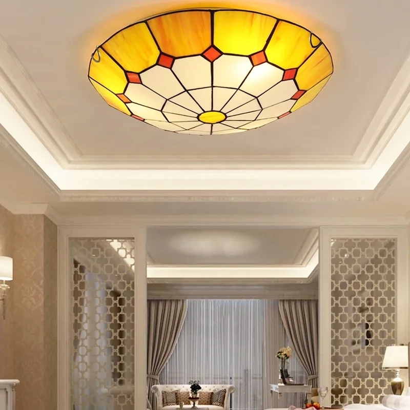 Modern Fashion Tiffany Ceiling Light Fixture European Colorful Drawing Glass Ceiling Lamp Home Deco Living Room E27 Lamps