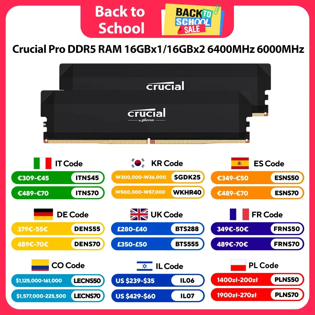 Crucial Pro DDR5 RAM 16GBx1/16GBx2 6400MHz 6000MHz 5600MHz Desktop Gaming Memory Intel XMP 3.0 & AMD EXPO for PC Gamer