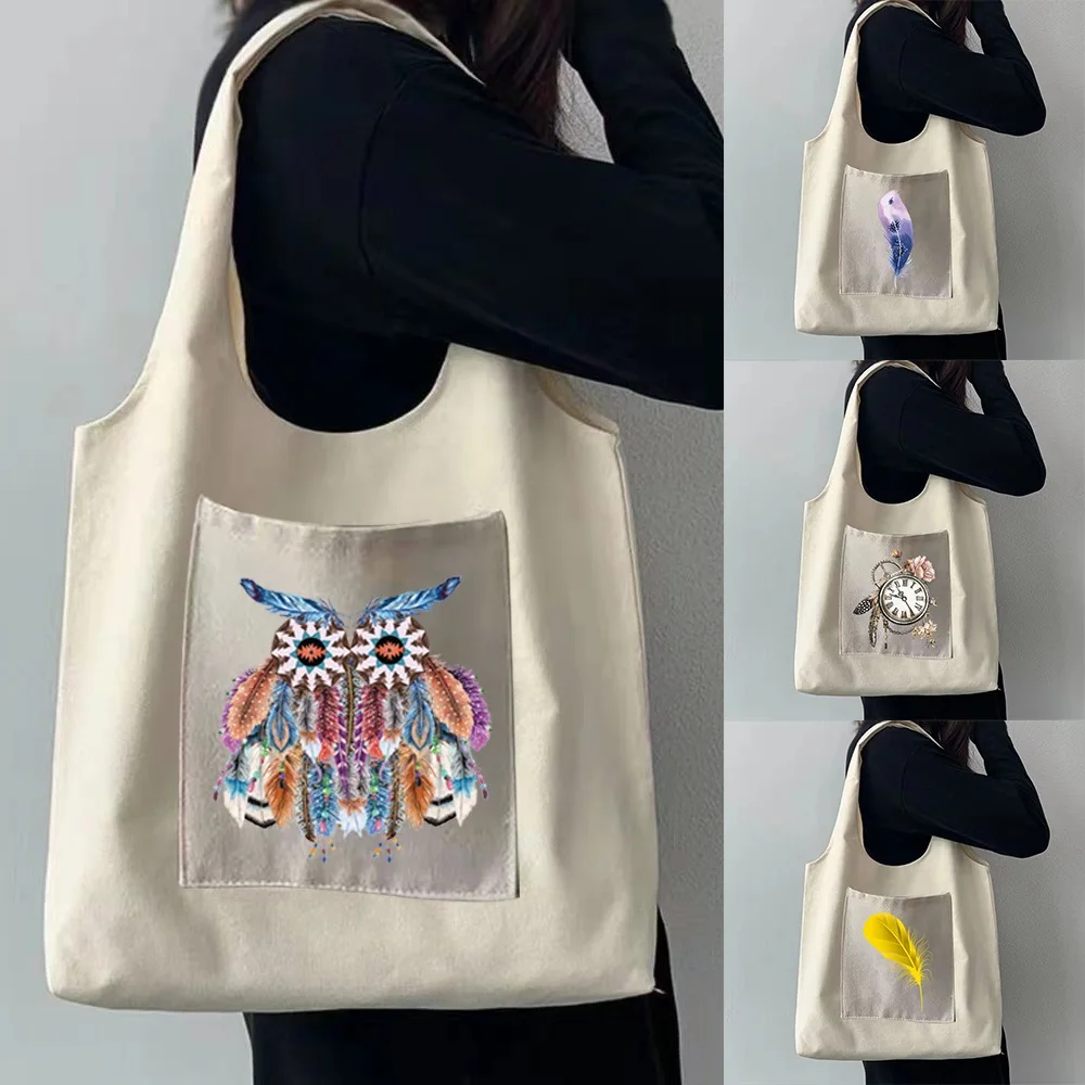 Shopping Bag Ladies Portable Messenger Shoulder Bag Eco-friendly Pocket Feather Printing Travel Fashion Sundries Storage Bags
