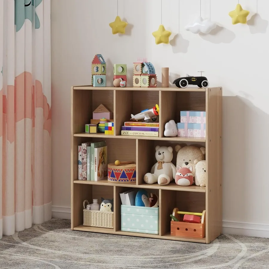 3Tier Montessori Solid Wood Shelves Toy Organizers and Storage with 8 Compartments and 4 Wheels Ideal for Toddler Room Playroom