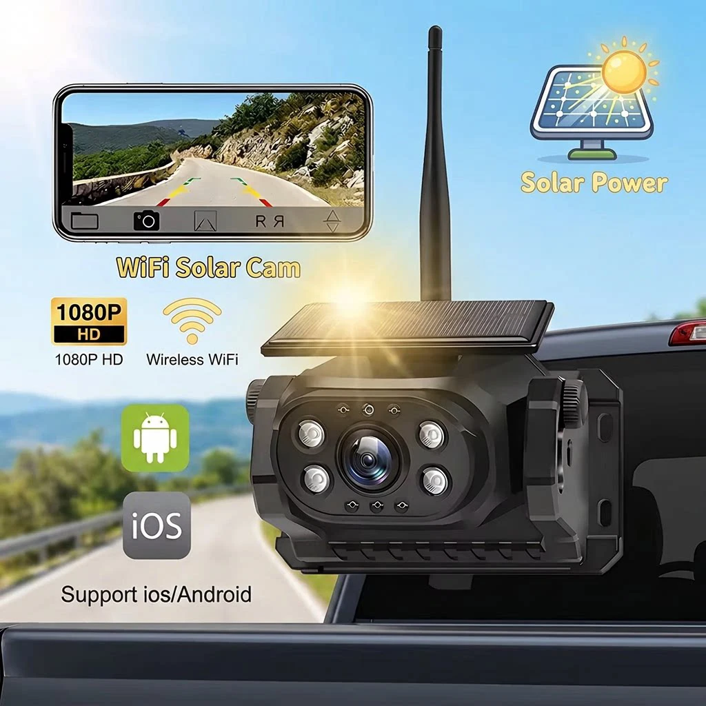 1080P Solar Wireless Backup Camera Magnetic Base 9600mAh Battery WiFi APP for IOS Android Rear View Kit for RV Truck Lorry Van