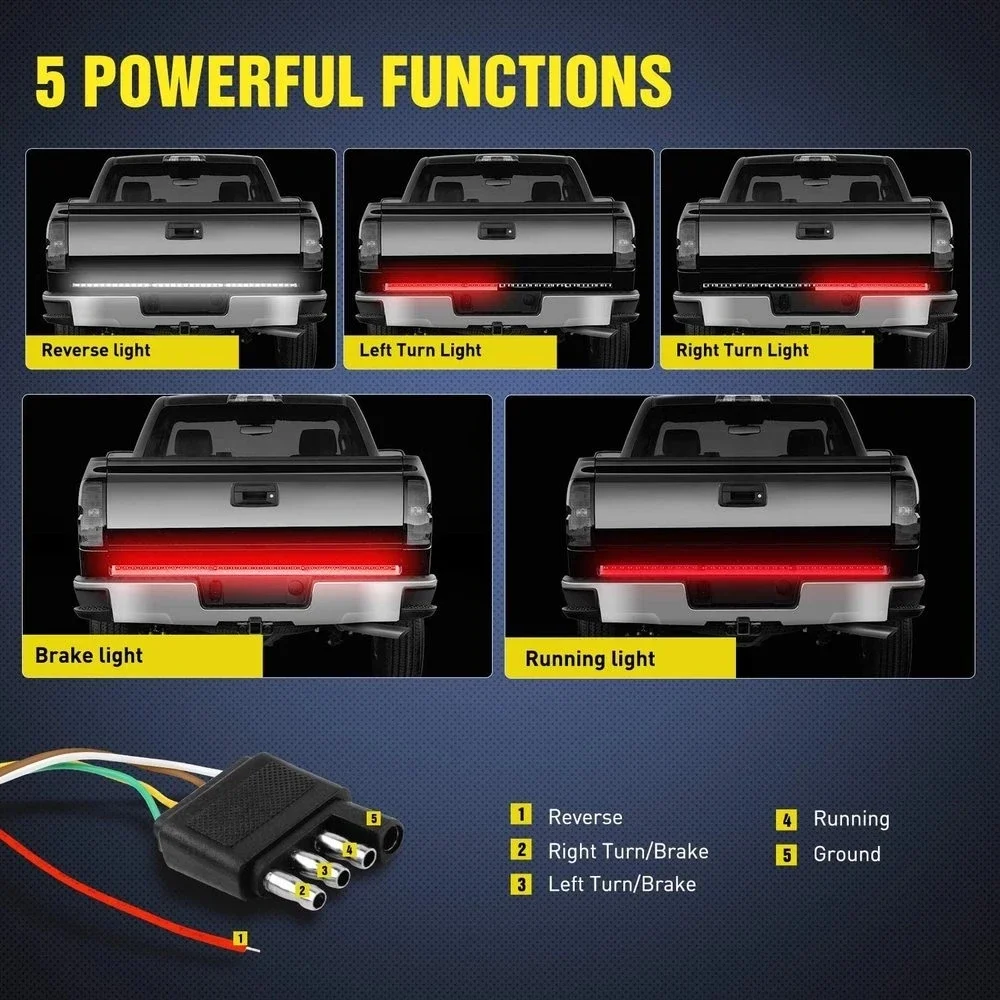 60 inch Truck Tailgate Light Bar Three Color LED High Brightness Reverse Brake Turn Signal Tail Lights Four Row Warning Lamp 12v