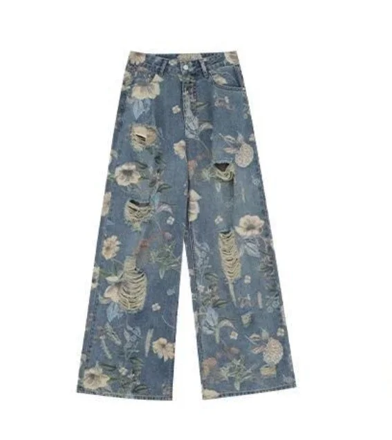 

Fashionable Summer New Printed Ripped Jeans For Women, Loose Straight Leg, Floor Length, Wide Leg Pants