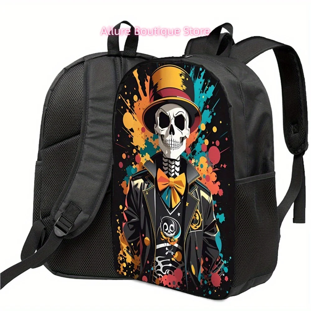 Casual Backpack, Laptop Bag, Black Carry-On Luggage, American-style graffiti-style skull portrait illustration pattern