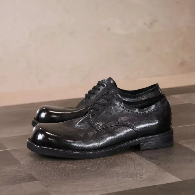 Designer Horse Leather Thick Bottom Casual Leather Shoes Men's Handmade Vintage Work Genuine Leather Business Dress Shoes Male