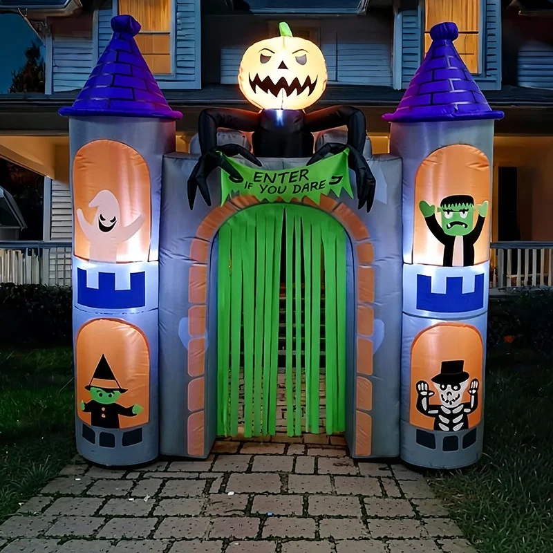 8FT Inflatable Halloween Castle Arch Decor Blow Up Pumpkin Ghost Skull Ornament Outdoor Yard Garden Party Halloween Decoration