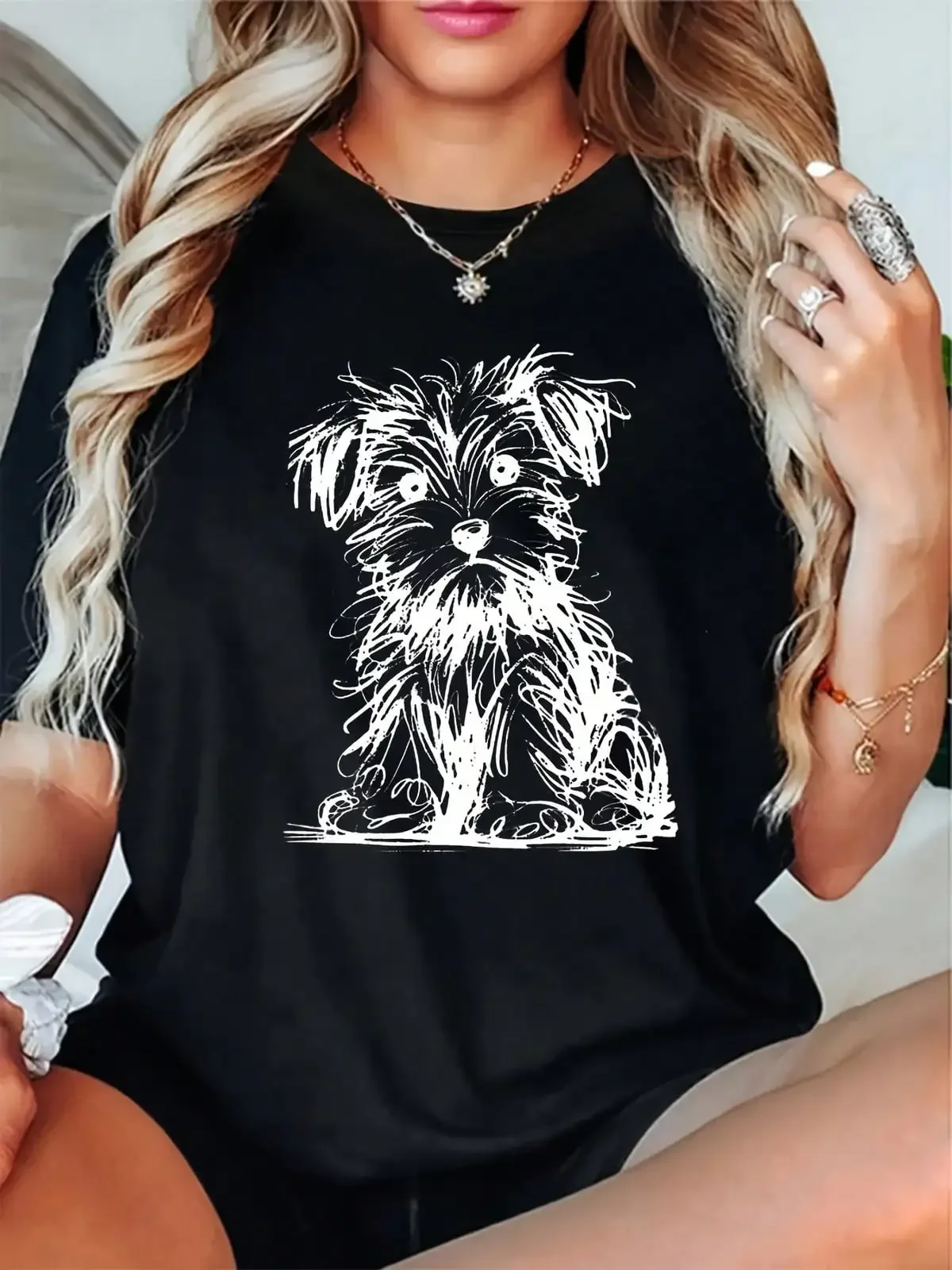 Artistic Line Style Cute Dog Pattern Women'S Casual Short Sleeve Top | Comfortable And Able, Soft And Breathable, Durable Fabric, Suitable For All Seasons, Festive Holiday Party Outfit, Seasonal Celebration Wear, Playful Seasonal Print