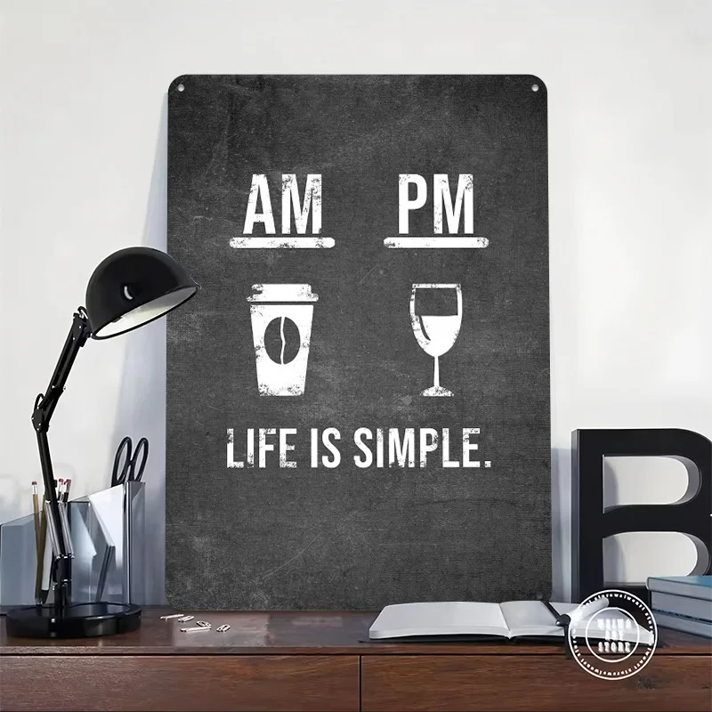AM القهوة PM النبيذ المعادن المشارك تين علامات جدار الفن خمر زينة مخصص علامة معدنية للديكور المنزل ديكور الغرفة الجمالية