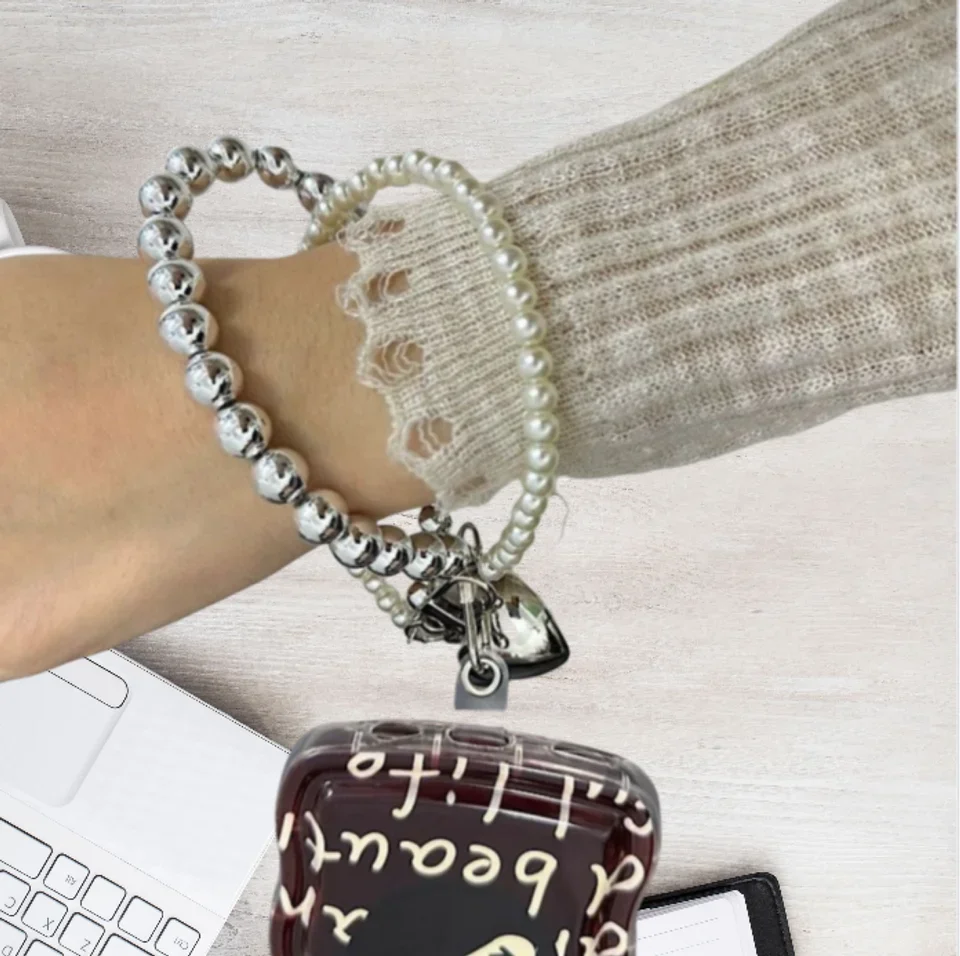 

For Ins Pearl Silver Beads Double Chain Love Drop Mobile Phone Chain Mobile Phone Chain Car Key Chain Pendant Mobile Phone Off