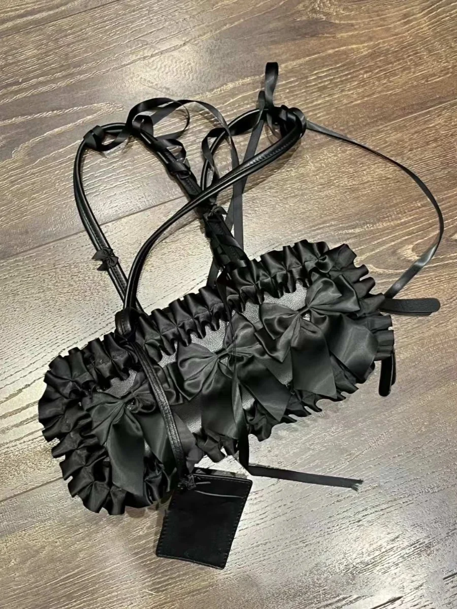 Light Luxury Fashion French Bow Decoration Ruffled Square Hand-held Women Bag Personalized High-end Sense Shoulder Crossbody bag